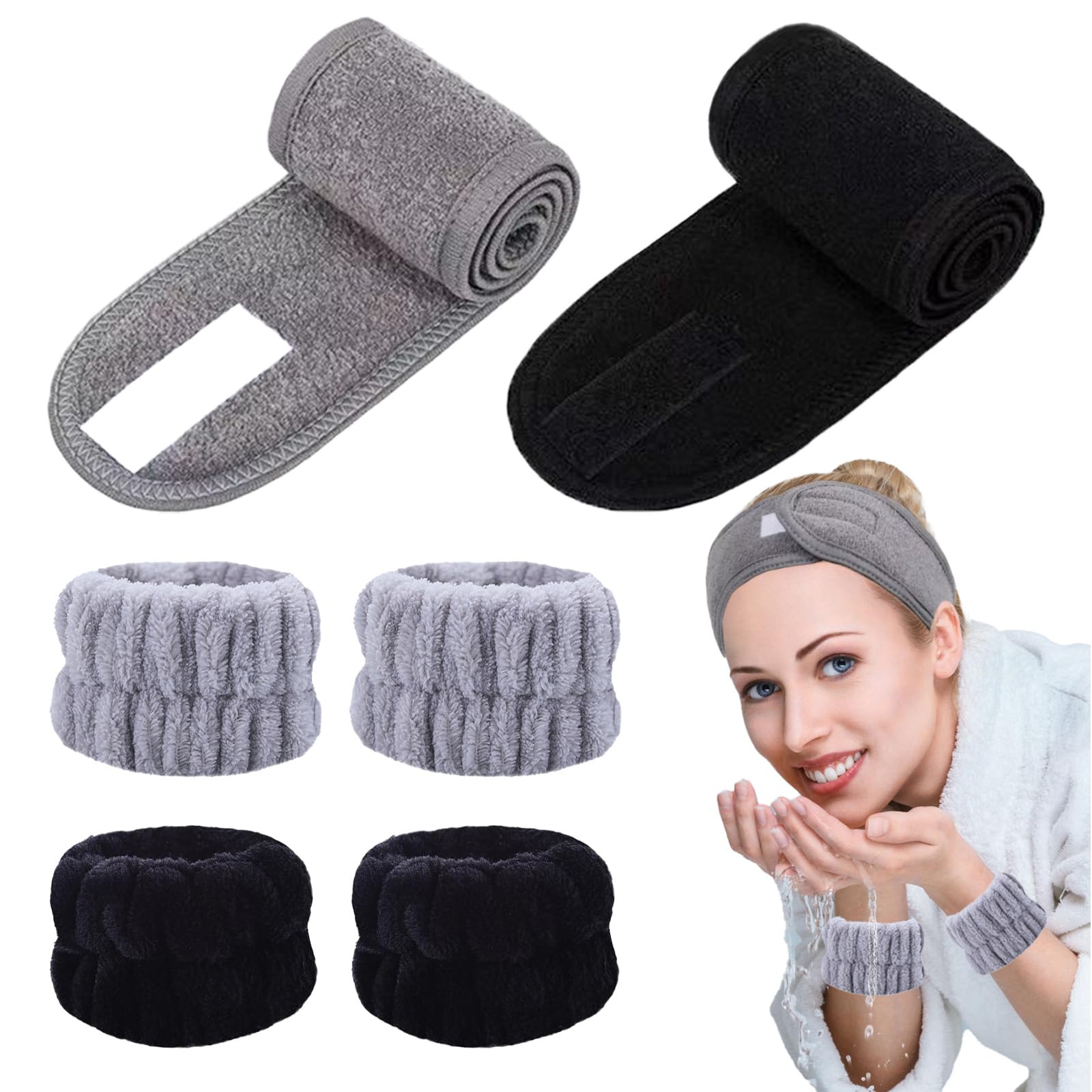 KEYRI 6-Piece Spa Set - Wrist & Facial Headbands, Soft Stretch Magic Stickers for Face Washing, Skincare, Shower, Sports & Yoga (Black + Gray)