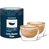 ovalware Double Wall Latte Art Cups 8.5oz/250ml | Set of 2, Wide Rim | Palm-Sized Borosilicate Build Keeps Beverages Hot or Iced | Ideal for Cappuccino &amp; Specialty Brewing | Clear
