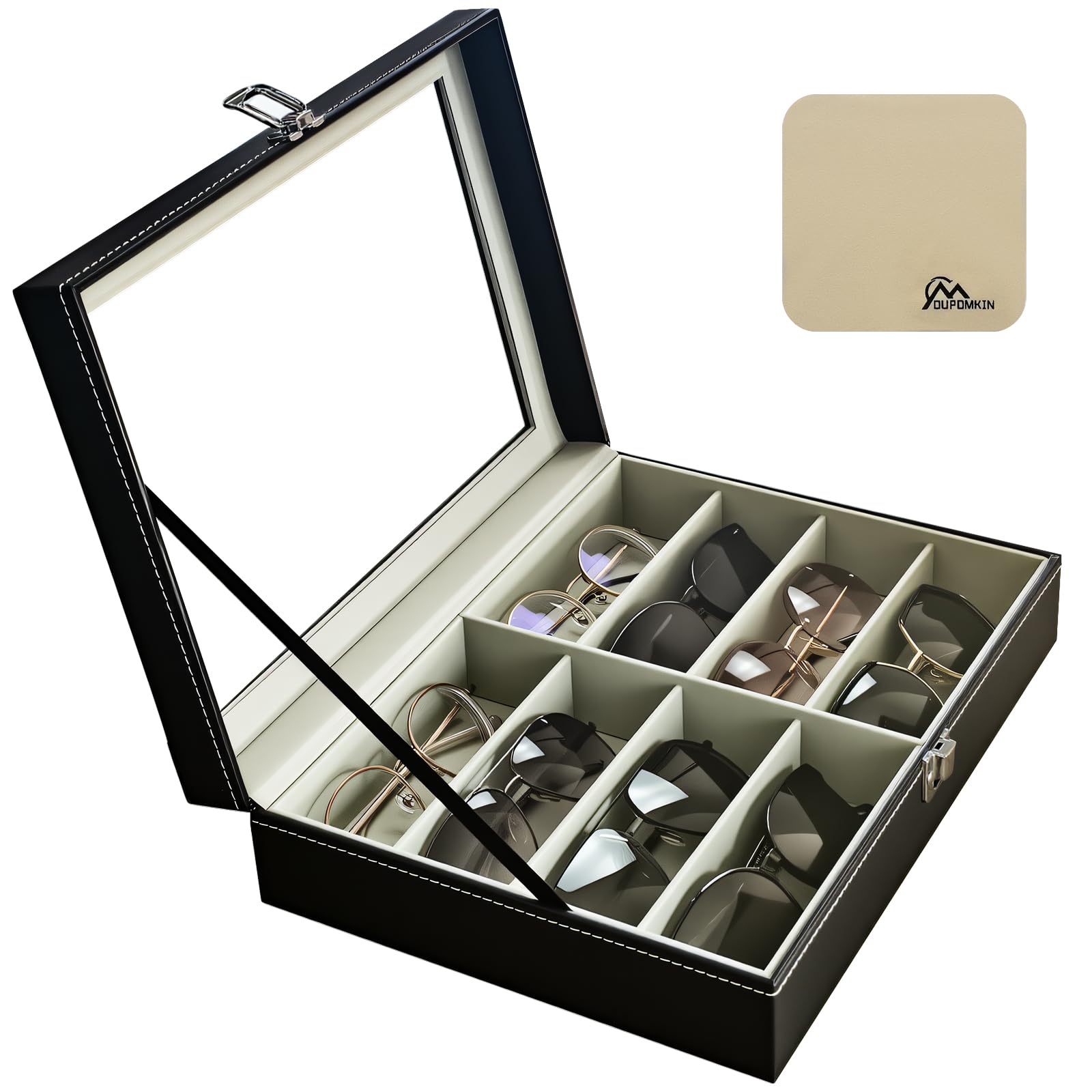 Photo 1 of *MINOR DAMAGE - USED*
DUPDMKIN Sunglasses Organizer 8 Slot Eyeglass Holder PU Leather Glasses Case Multiple Pairs with Clear Glass Top for Men and Women