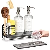 Kitchen Soap Dispenser Set with Drying Tray – 16oz Glass Bottles with Stainless Steel Pumps, Black Sink Organizer Caddy with Brush Holder & Non-Slip Feet – All-in-One Dish & Hand Soap Station