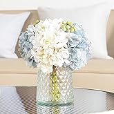 Wracra Hydrangeas Floral Arrangement in Glass Vase, Fake Flowers Silk Hydrangea Artificial Flowers with Vase for Home Office Decoration, Dining Table Centerpiece