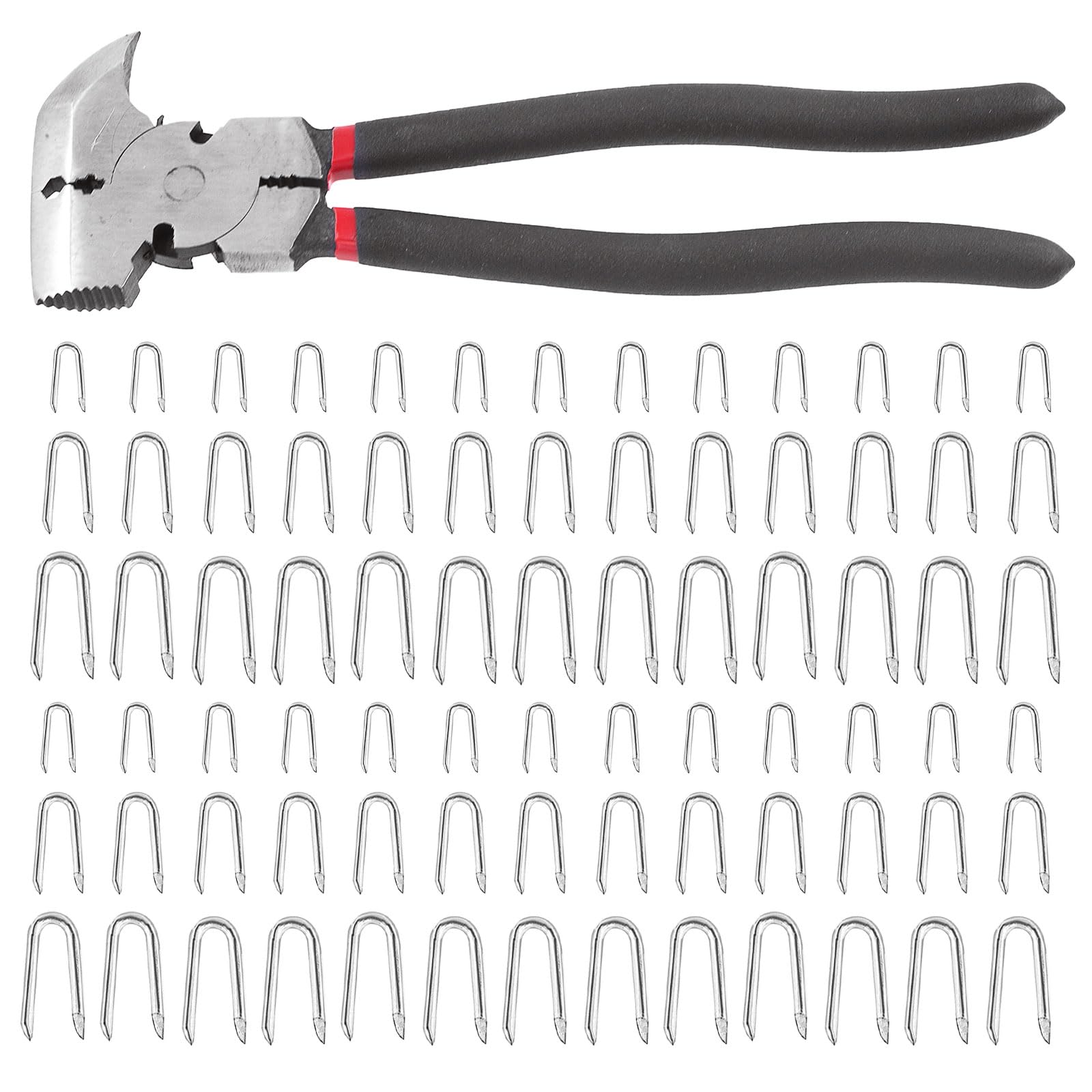 Tanstic 151Pcs 20mm 30mm 40mm Wire Fencing Staples Assortment Kit with Fencing Pliers, Fence Tools, Carbon Steel Wire Staples U Shaped Nails Fence Staple Nails U-Shaped Fasteners Nails U Staples