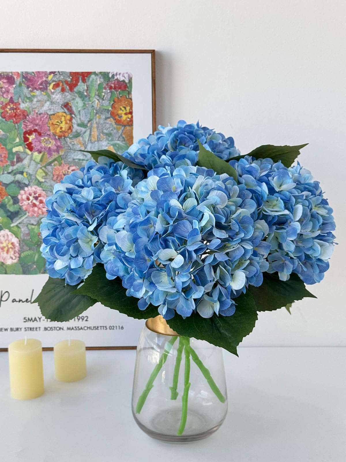 Photo 1 of YalzoneMet 4Pcs Blue Silk Hydrangea Artificial Flower Lifelike Big Blooms 20'' Long Stem Faux Hydrangea Flower Bouquets for Home Party Indoor Baby Shower Outdoor Wedding Table Centerpiece Decor