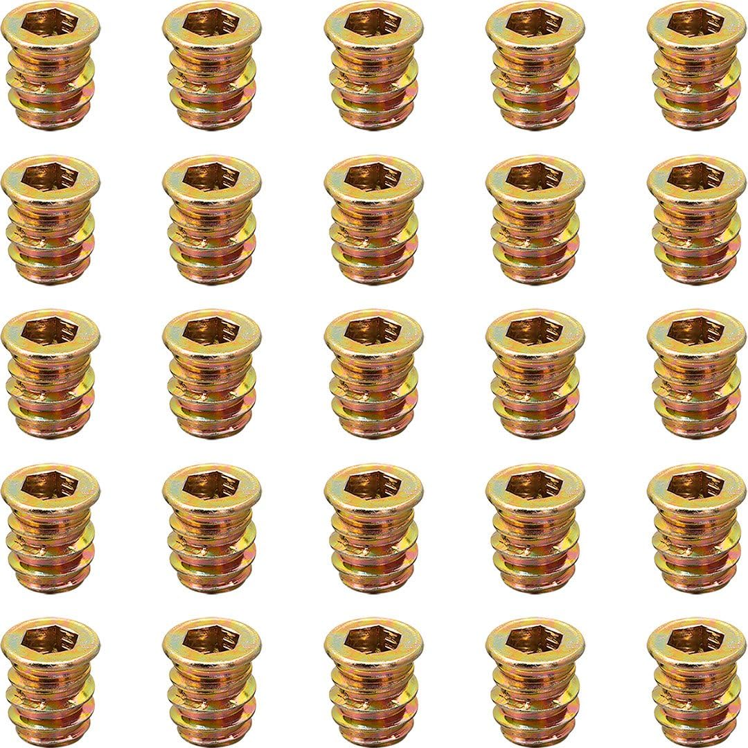 YoiYee Wood Furniture M6 x 13 mm Threaded Insert Nuts Interface Hex Socket Drive Zinc Yellow Passivated - 25 Pack — image 1