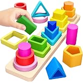 Montessori Toys for 1 2 3 Year Old Boys Girls Toddlers, Peg-Free Wooden Toy | Heightened Sorting Stacking Toys, Birthday Gift for Baby Kid Age 18+ Month, Preschool Nested 3D Shape Sorter Learning Blocks