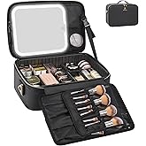 Relavel Makeup Train Case With LED Mirror, Professional Travel Cosmetic Bag with Removable Partitions,Compact Makeup Organizer, Waterproof Toiletry Case for Women, Black