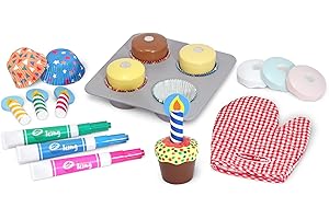 Melissa & Doug Bake & Decorate Wooden Cupcake Kit, with Play Food, Toppings & Play Kitchen Accessories, Preschool Learning Toys for Girls & Boys 3+