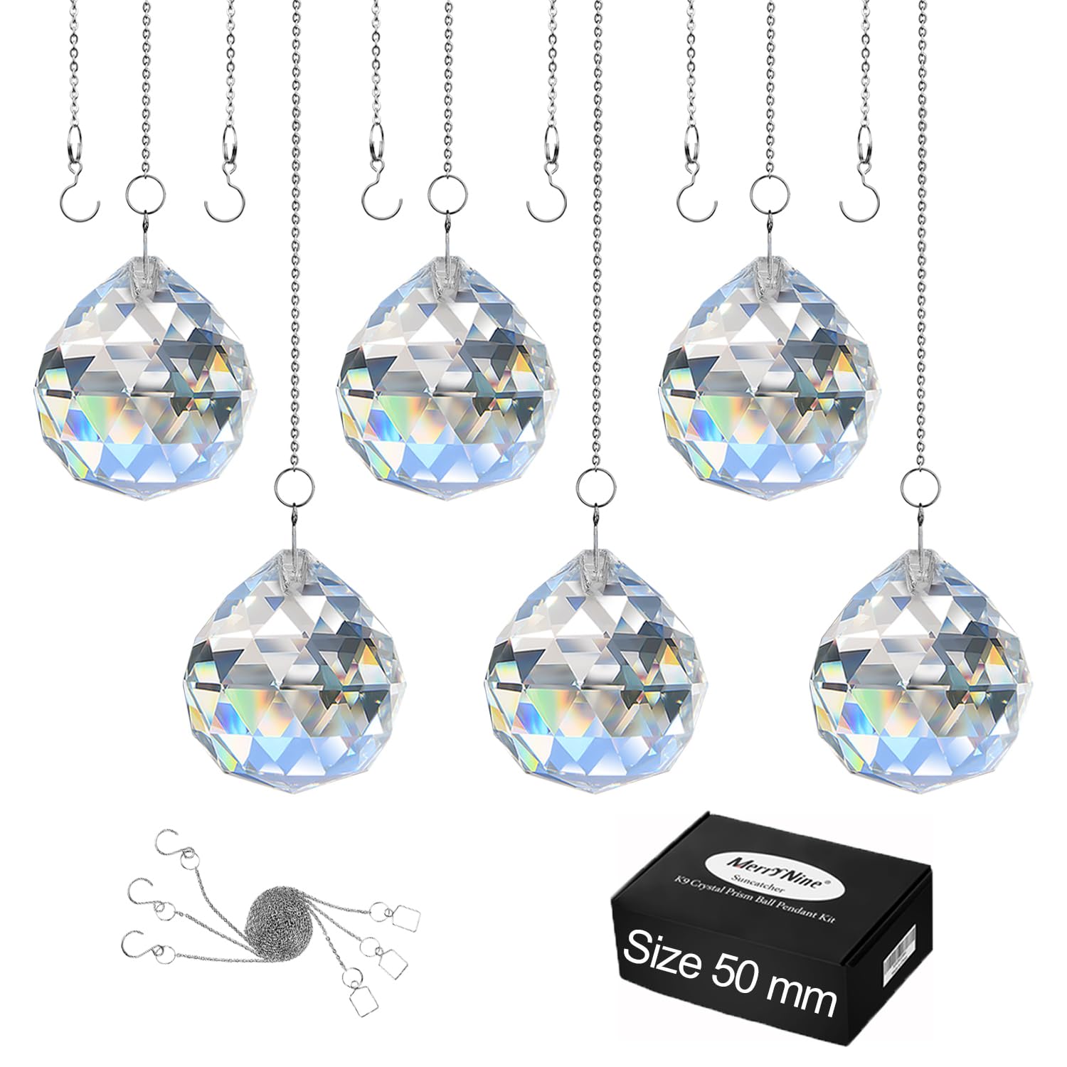 MerryNine Clear Crystal Ball Prism Sun Shine Catcher Rainbow Pendants Maker, Hanging Crystals Prisms for Windows, for Feng Shui, for Gift(50mm/2.0" 6pack)