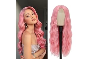 YBYMCAI Pink Wig - Long Pink Wavy Wigs for Women Middle Part Pastel Pink 26 inch Natural Curly Synthetic Wig Heat Resistant Fiber Wigs for Daily Party Use