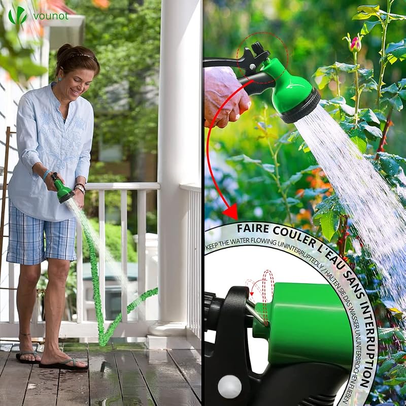® Tubo Irrigazione Estensibile 15m, Tubo Flessibile da Giardino con Pistola a Spruzzo d'Acqua 10 Funzioni, Connettore 1/2" e 3/4" e Gancio e Organizer Inclusi, Verde