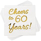 60th Birthday Decorations Men Women Party Supplies Cocktail Napkins Disposable 60th Birthday Wedding Anniversary Party Napkins Paper Beverage Napkins 50 Pack,5"x 5",Cheers to 60 Years White and Gold