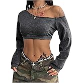RoseSeek Women's Washed Off Shoulder Tops Streetwear Crop Tops Long Sleeve T Shirts