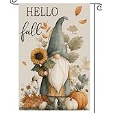 Hello Fall Garden Flag Gnome Welcome Small Flags for Outside, 12x18 Inch Sunflower Pumpkin Maple Leaves Double Sided Burlap Autumn Harvest Outdoor Yard Decoration
