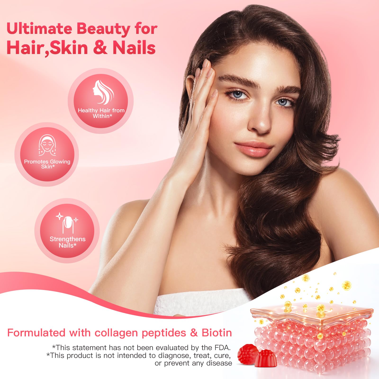 Nature Echo Collagen Gummies with Biotin, Vitamin C & E, 300mg Hydrolyzed Collagen Peptides for Hair, Skin & Nail Support, Peach Flavor, Sugar Free, Gluten Free, 30 Day Supply