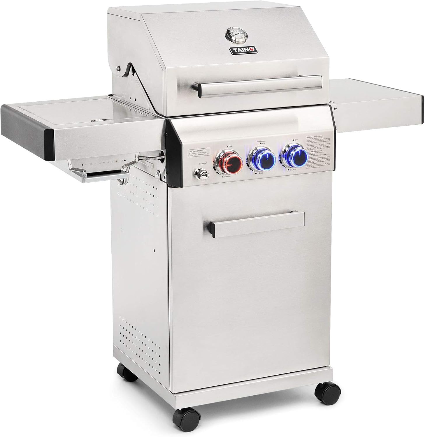 TAINO Platinum Gasgrill komplett Edelstahl Sear-Burner Power-Zone Keramik-Brenner BBQ Grillwagen Griller Gusseisen Seitenkocher Piezozündung (Platinum 2+1)