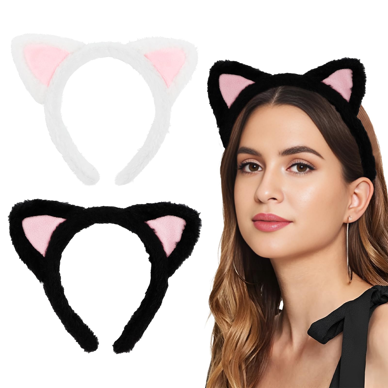 KUAOOAUK 2 Pcs Cat Ears Headband, Cute Lovely Hairband Furry Cat Ears, Ear Headbands with Pink Inner Ear Cute Hair Accessories for Cosplay Makeup Spa Yoga Photo Props (Black White)