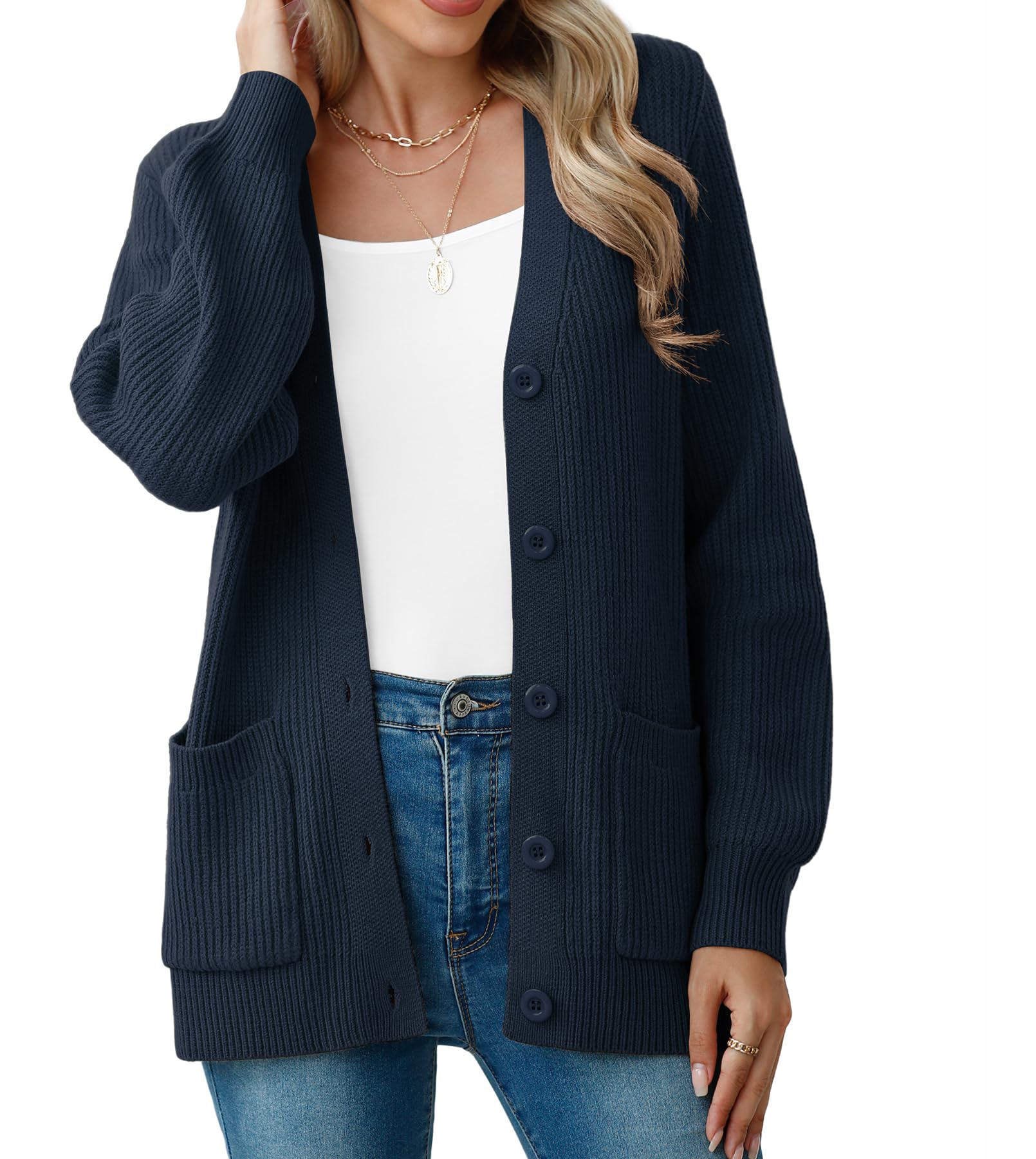 VIISHOW Chunky Knit Open Front Cardigan Long Sleeve Button up Women Cardigan Sweaters for Fall and Winter,Navy Blue,Medium Image