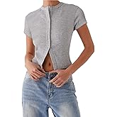 Women Button Down Short Sleeve Top Summer Ribbed Crew Neck Slim Fit Shirt Casual Solid Color Crop Tee