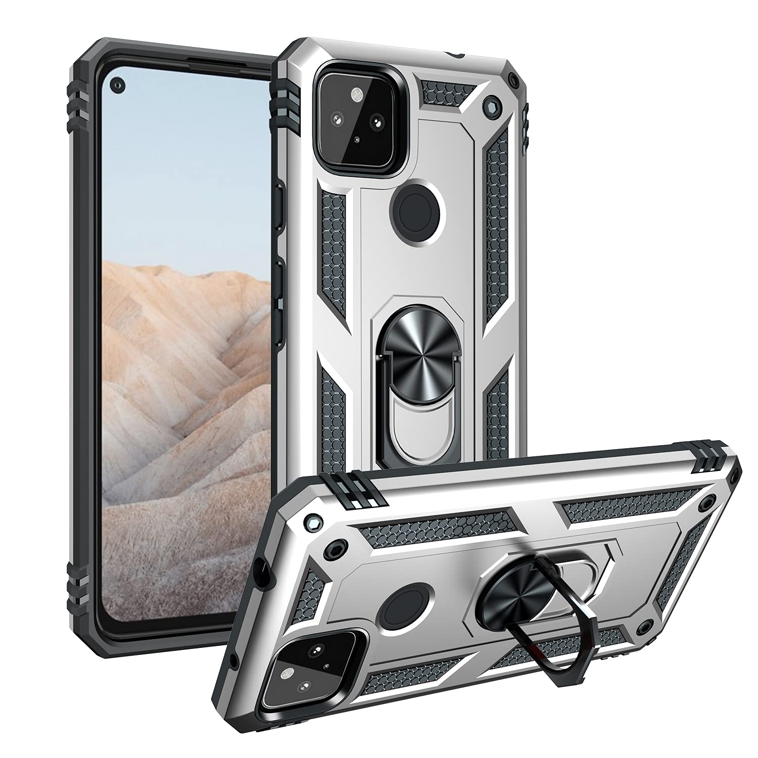 BestST Case Compatible with Google Pixel 5a Cover,Screen Protector, Full Body Dual Layer Heavy Duty Protective Cover, Shockproof Bumper Phone Cover, with Kickstand,Silver — image 1