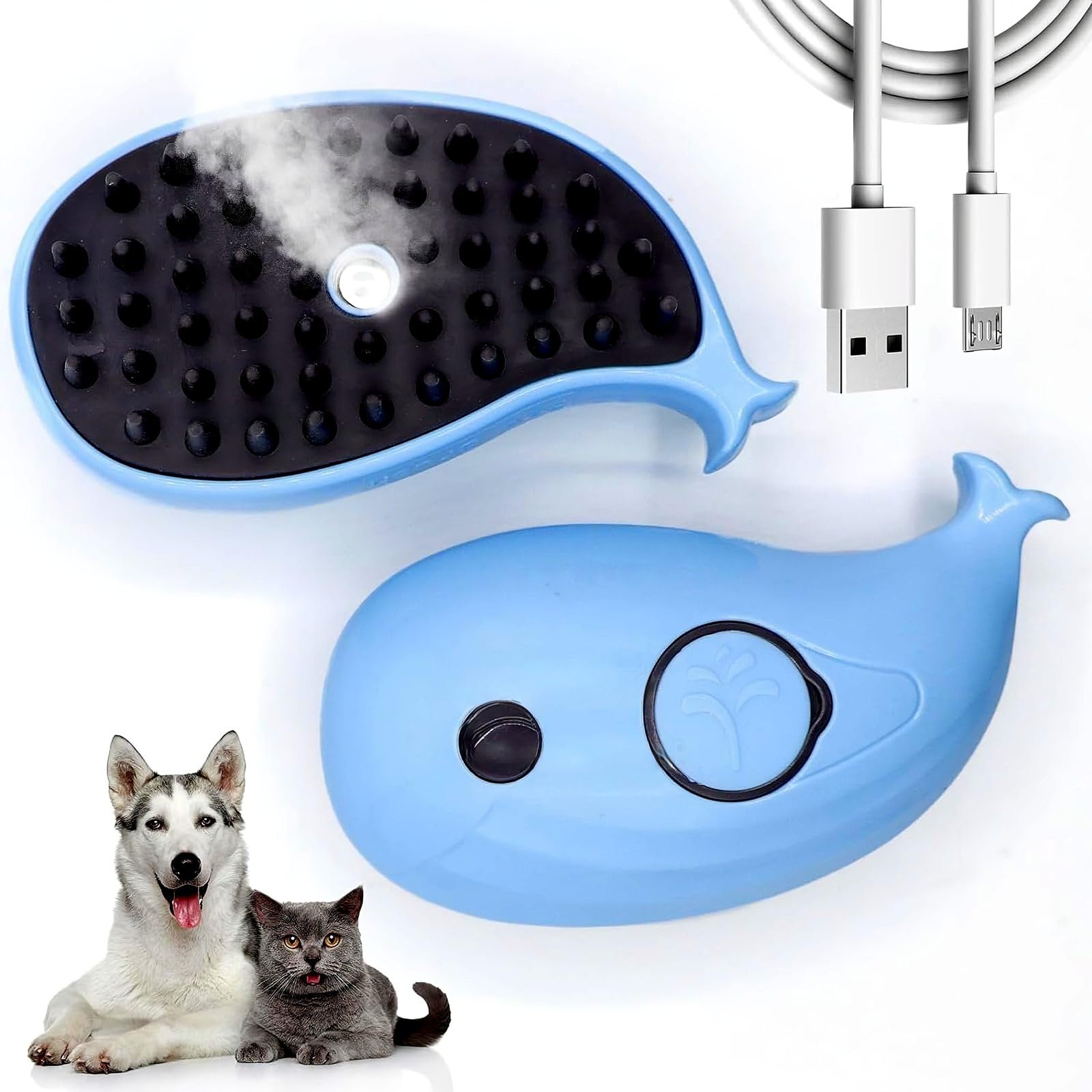 Photo 1 of 4-in-1 Cat Steam Brush & Spritz Defur Comb for Indoor Cats - Pet Grooming Brush with Water Tank, Spray Hair Removal Tool for Shedding Control (Whales Blue)