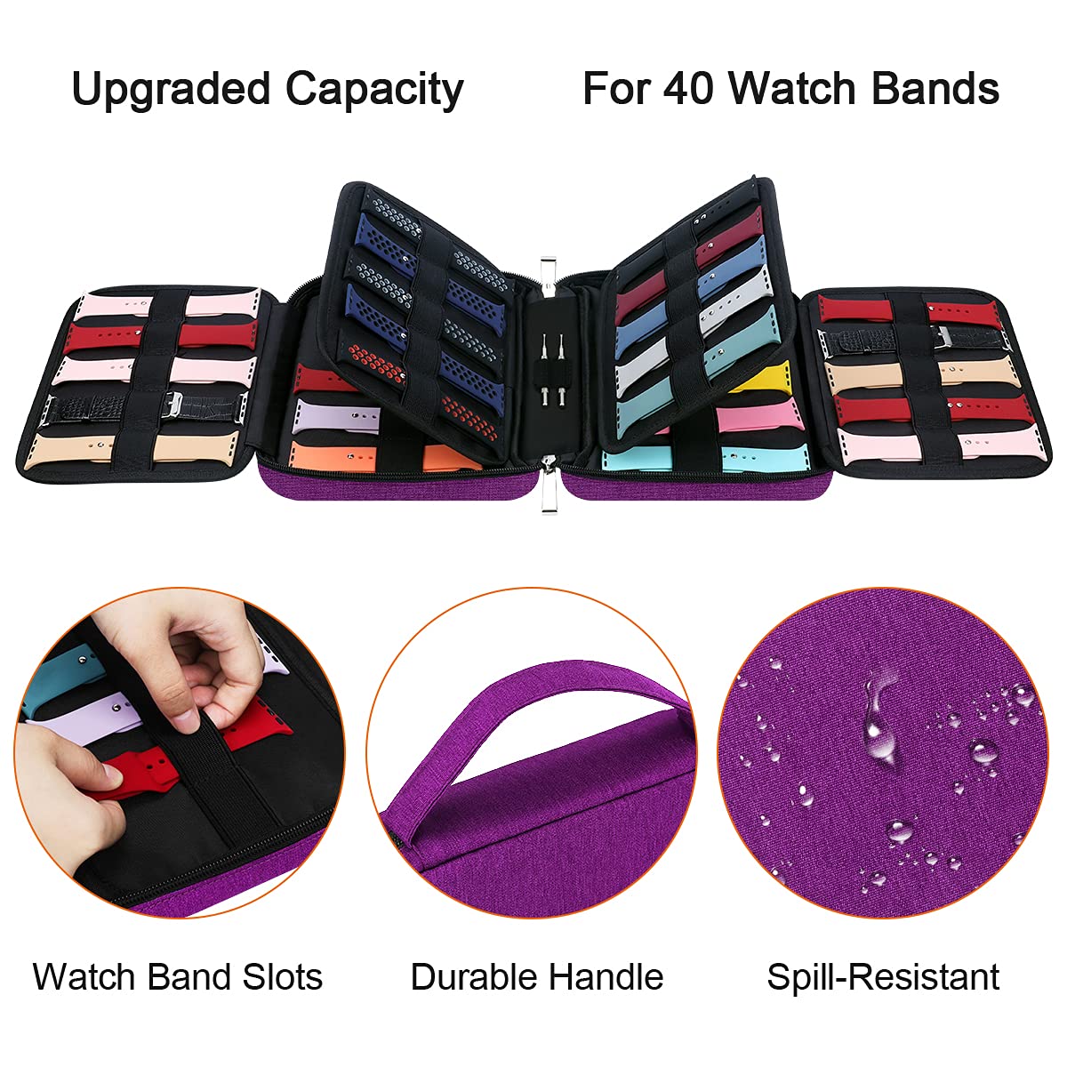 Betoores Watch Band Storage Bag, 40 Watch Bands Holder Expandable Travel Case Fits 40 Straps of Smart Watch, Apple Watch, Fitbit Series - Purple