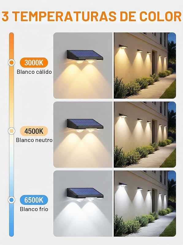 Aplique Solar Pared Exterior,4 Paquete Luz Solar Exterior, 3 Colores Brillantes IP65 Impermeable, Lámparas Solares Exteriores Inalámbricas Para Jardín Patio Cubierta Valla