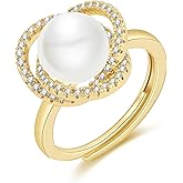 LOOYUUPEE 14k Gold Plated Freshwater Pearl Ring,Zircon Pearl Ring Handmade Adjustable Open Ring for Comfortable Fit Gift Idea for Women & Teen Girls
