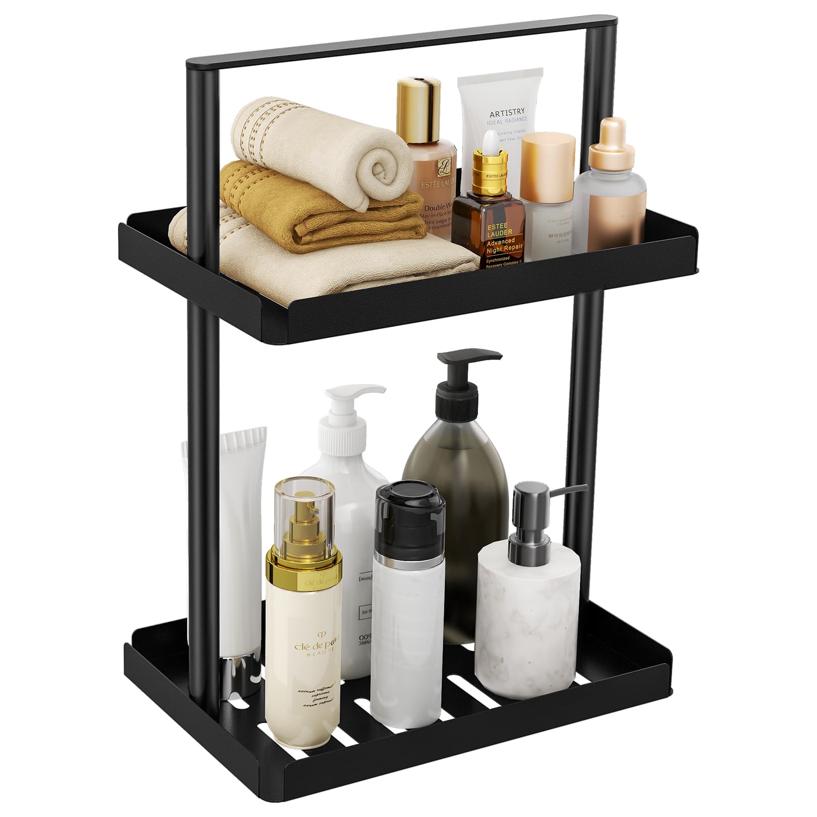STWWO 2 Tier Standing Shower Caddy Organizer, Corner Shower Shelf with Handle, Metal Bathroom Shower Rack for Shampoo, Stands for Bathtub, Black