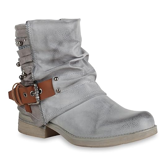 Stiefelparadies Damen Stiefeletten Biker Boots mit Blockabsatz Nieten Schnallen Flandell
