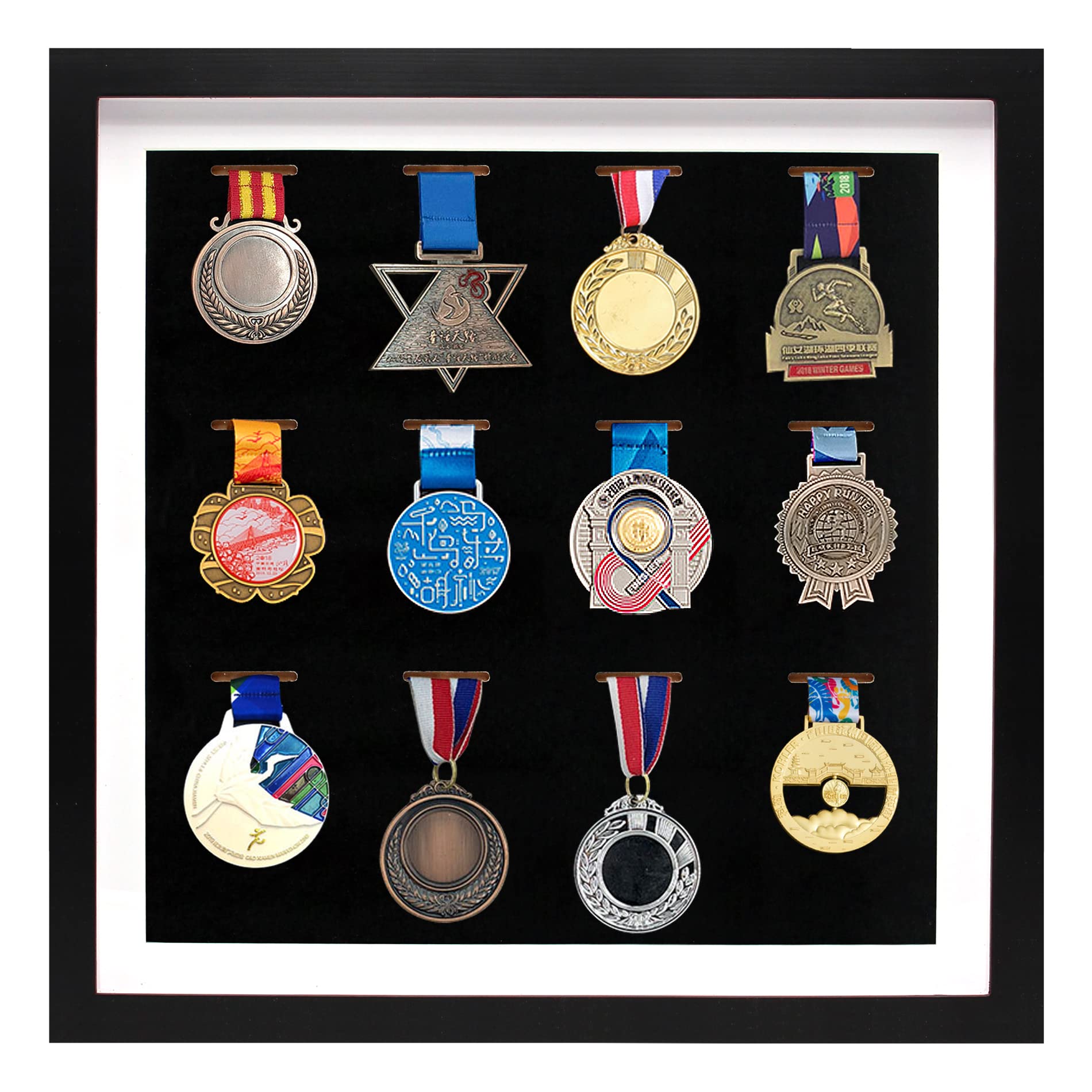16x16 Inch Medal Display Shadow Box Frame, 12 Medals Display Case, 3D Wooden Medal Box Frame for Runners Marathon Triathlon Soccer Gymnastics All Sports Badge Award Insignia (Black)