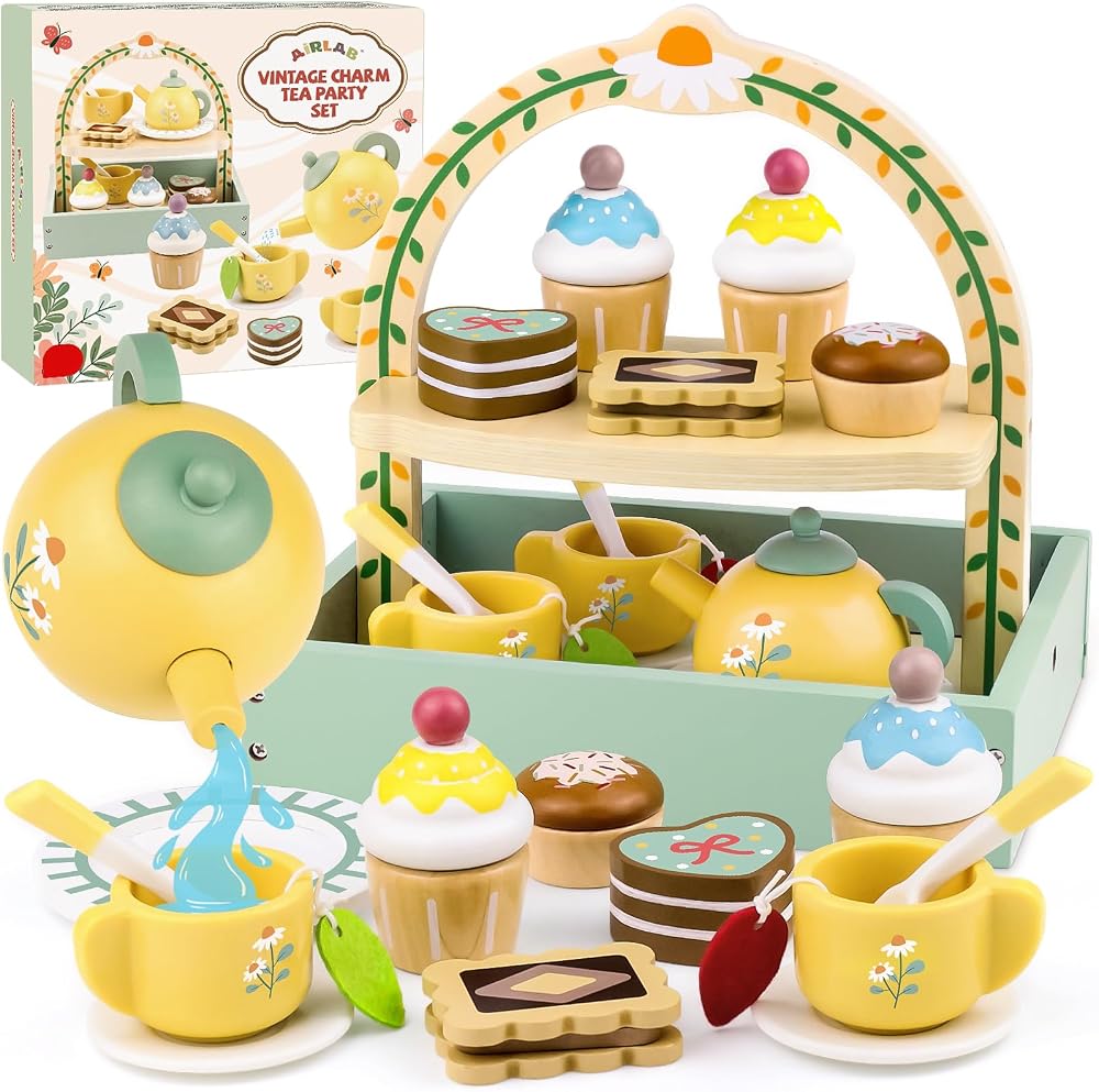 Airlab Wooden Tea Set for Toddlers Daisy Design Beach Safe Beech Wood