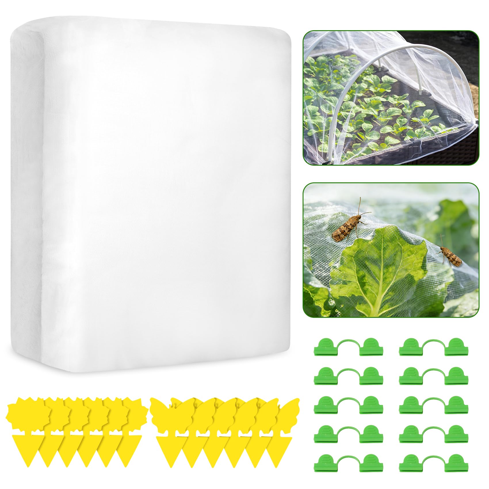 Insect Netting for Vegetables 2x5M with 12 Sticky Traps & 10 Greenhouse Accessories, Reusable Garden Netting for Plants, Garden Netting for Veg Patch Fine Mesh for Vegetables and Fruit Trees