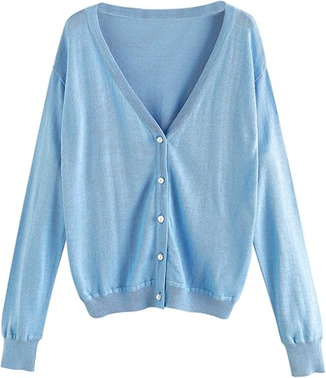 Amazon Co Jp ニットカーディガン 薄いコートルーズと細い日焼け止めエアコンシャツの女性シンプルなvネックニット長袖カーディガン ニット カーディガンは秋冬の頼りになる存在 Color Blue Size Large ホーム キッチン