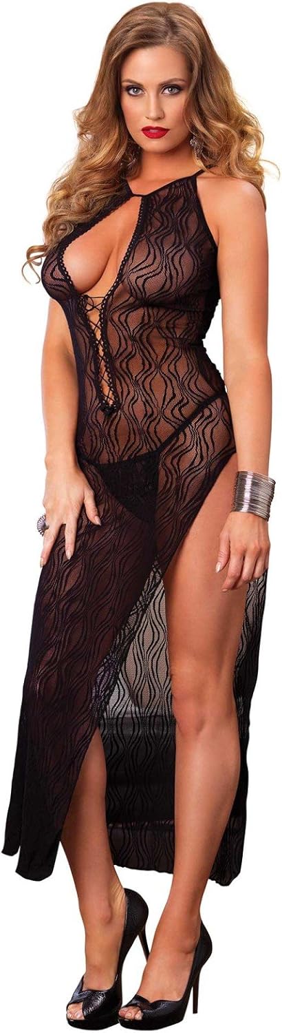 Leg Avenue Women's High Slit Swirl Lace Long Gown and Panty, Black, One Size: Negligees: Clothing