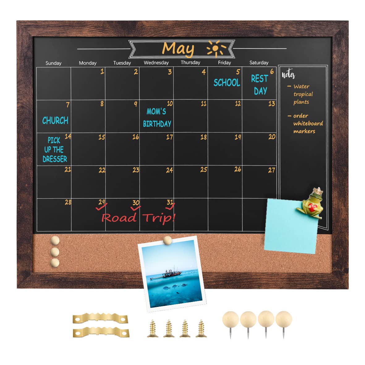 Umtiti Chalkboard Calendar and Bulletin Combo Board. Brown Solid Wood Frame，Magnetic Surface Chalkboard.Perfect for Office, Home School Message Board，BN-3343A