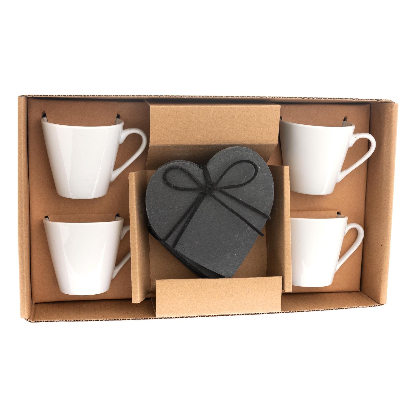 Set of 4 White Espresso Mugs and Slate Heart Coaster Set Boxed