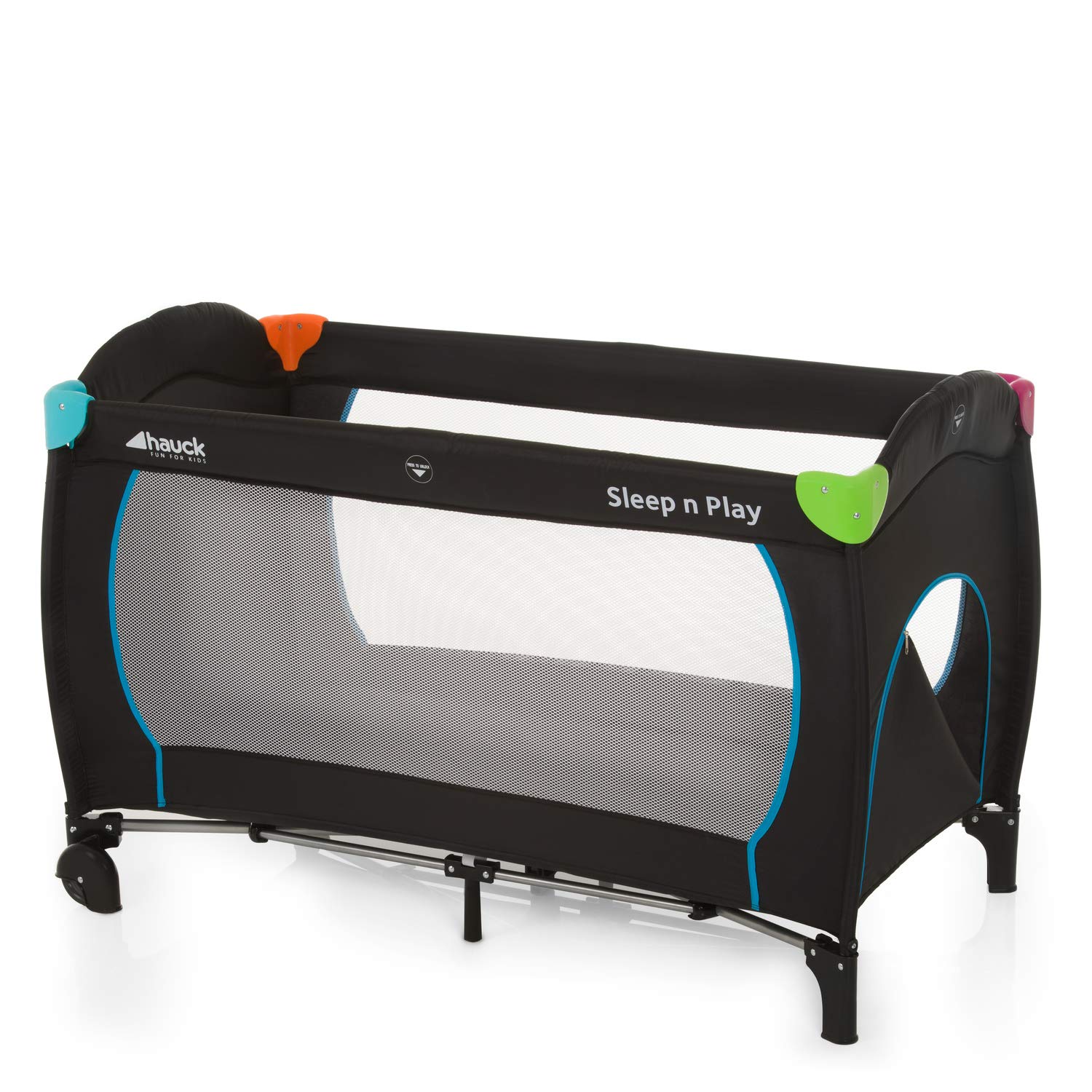 Hauck Sleep N Play Go Plus Kombi-Reisebett, 4-teilig, ab Geburt bis 15 kg, inkl. Gesetzl. Schlupf, Rollen, Matratze, Tragetasche, mehrfarbig schwarz