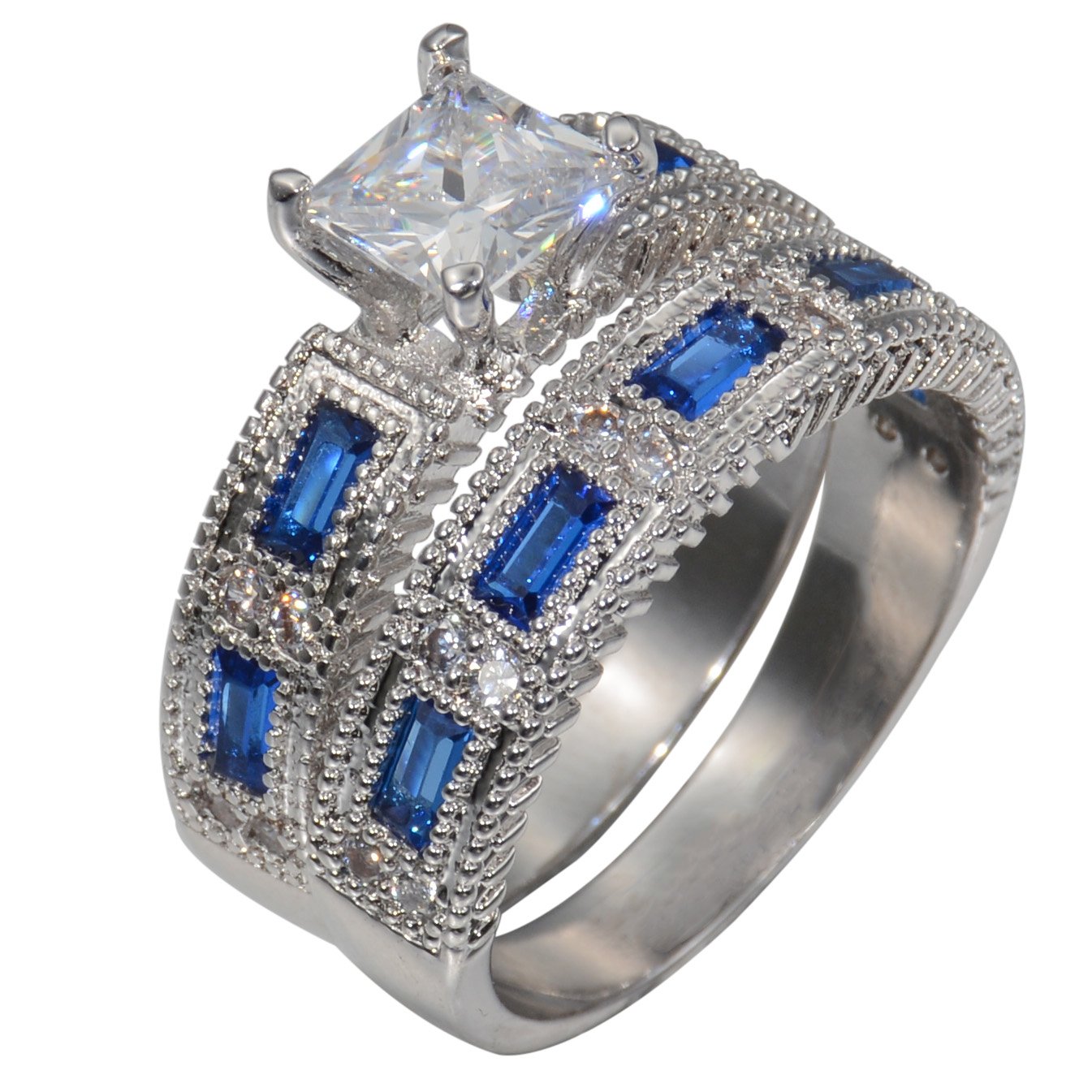 LAVUMO Bridal Set Princess Cut Simulated Blue Sapphire CZ Promise Engagement Wedding Ring Sets for Women Rhodium Plated Size 6 7 8 9 (6)