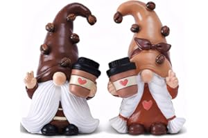 Vereemy 5.9'H Drinking Coffee Gnomes Statue Decoration 2PCS Couple Coffee Bar Accessories Decor Elfs Figurines Resin Swedish Tomte Elf Dwarf Housewarming Gifts for Women Indoor Home Ornament,Standing