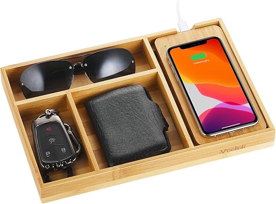 Amazon Com Veelink Fast Wireless Charger With Organizer Tray Qi Bamboo Charging Station Table Nightstand Organizer For Iphone Se 2020 11 Xs Max Xr Xs X 8 8 Samsung S20 S10 S9 S8 Note 20