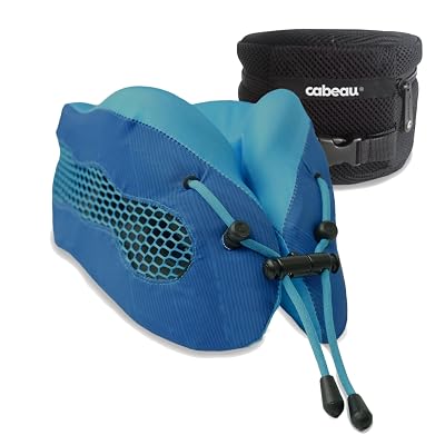 Evolution Cool Travel Neck Pillow by Cabeau - Cooling Airflow Vents, Memory Foam Neck Support, and Adjustable Clasp - Comfort On-The-Go with Carrying Case - Airplane, Train, Car, and Gaming (Blue)