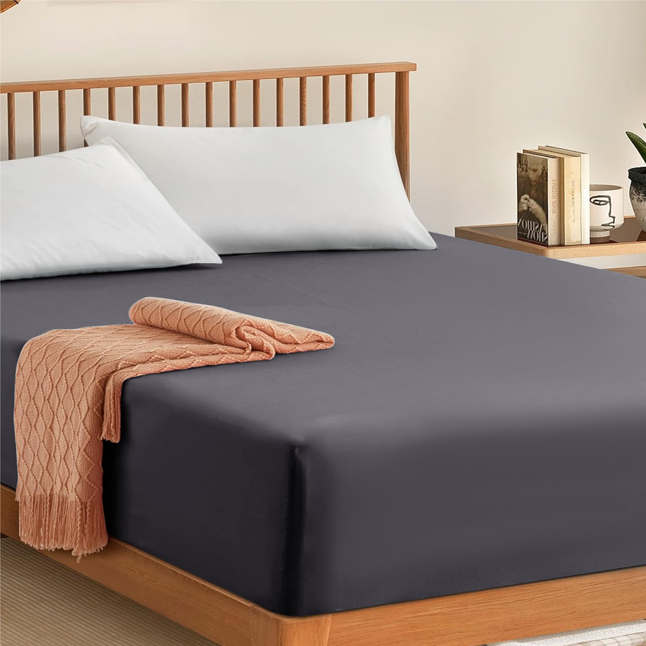 My home store Double Fitted Sheet Cotton 300TC Hotel Quality 30 cm Charcoal Fitted Bedsheets Set
