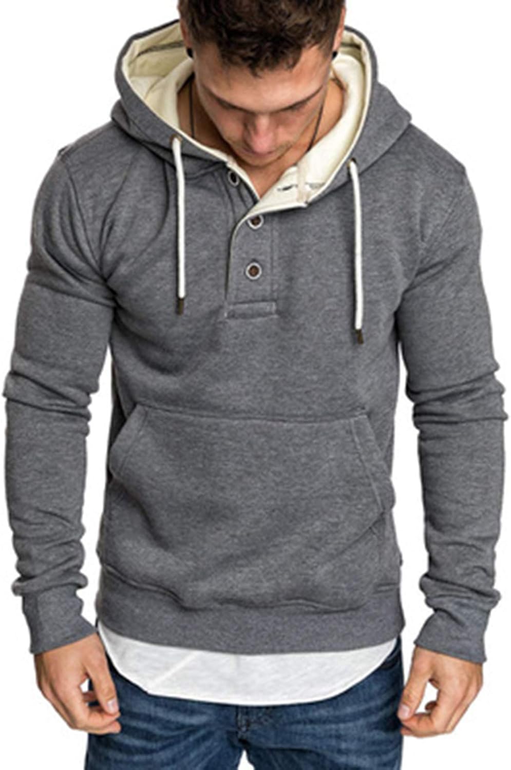 Men'S Henley Shirt Hoodie With ButtonsHighly Elastic Breathable