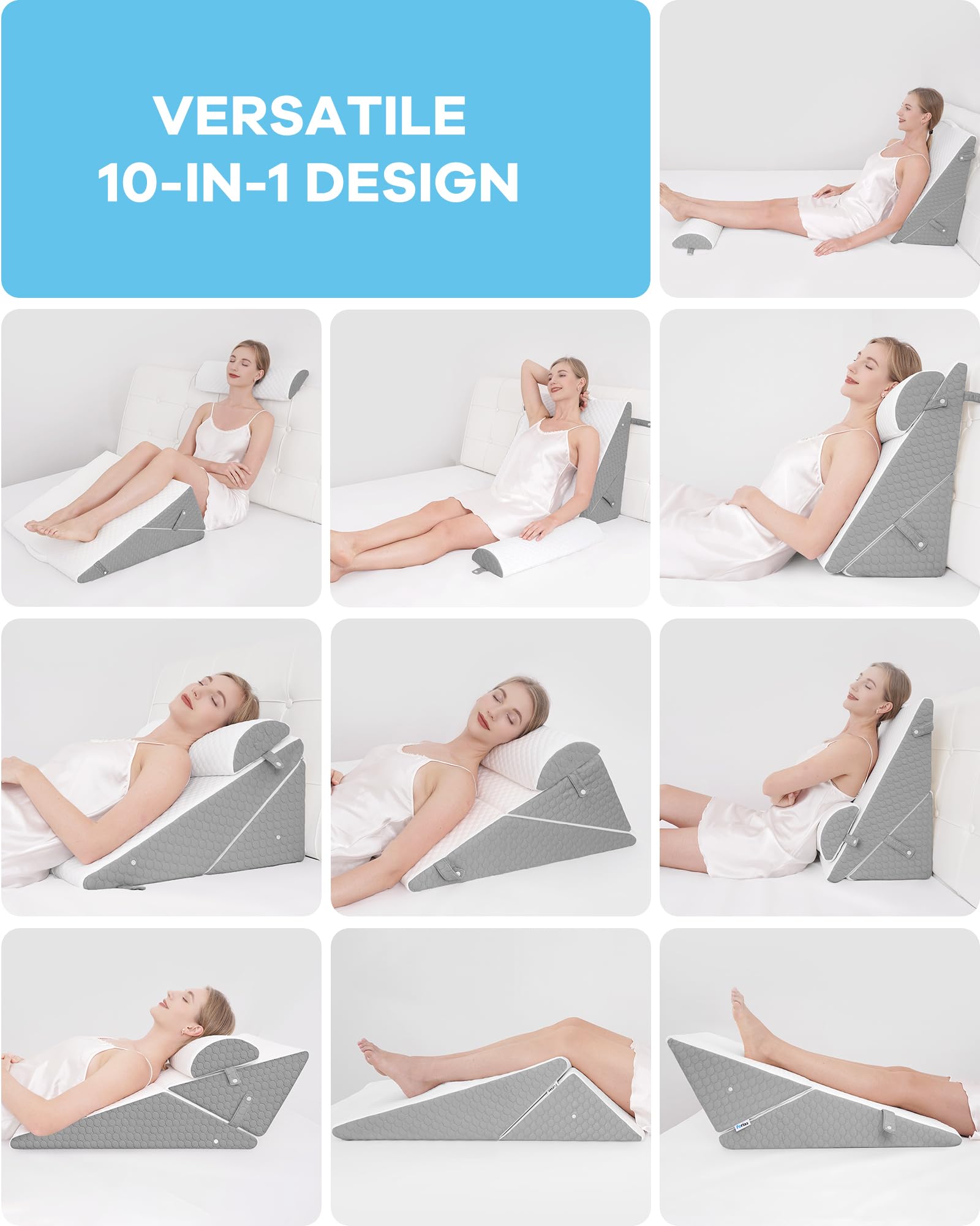 Forias Wedge Pillow Headboard for Acid Reflux Relief Adjustable Bed Wedge Pillow Post Surgery Pillow Wedge for Sleeping with Half-Moon Memory Foam Bolster Pillow for Back Legs Pain Snoring Sleep Apnea