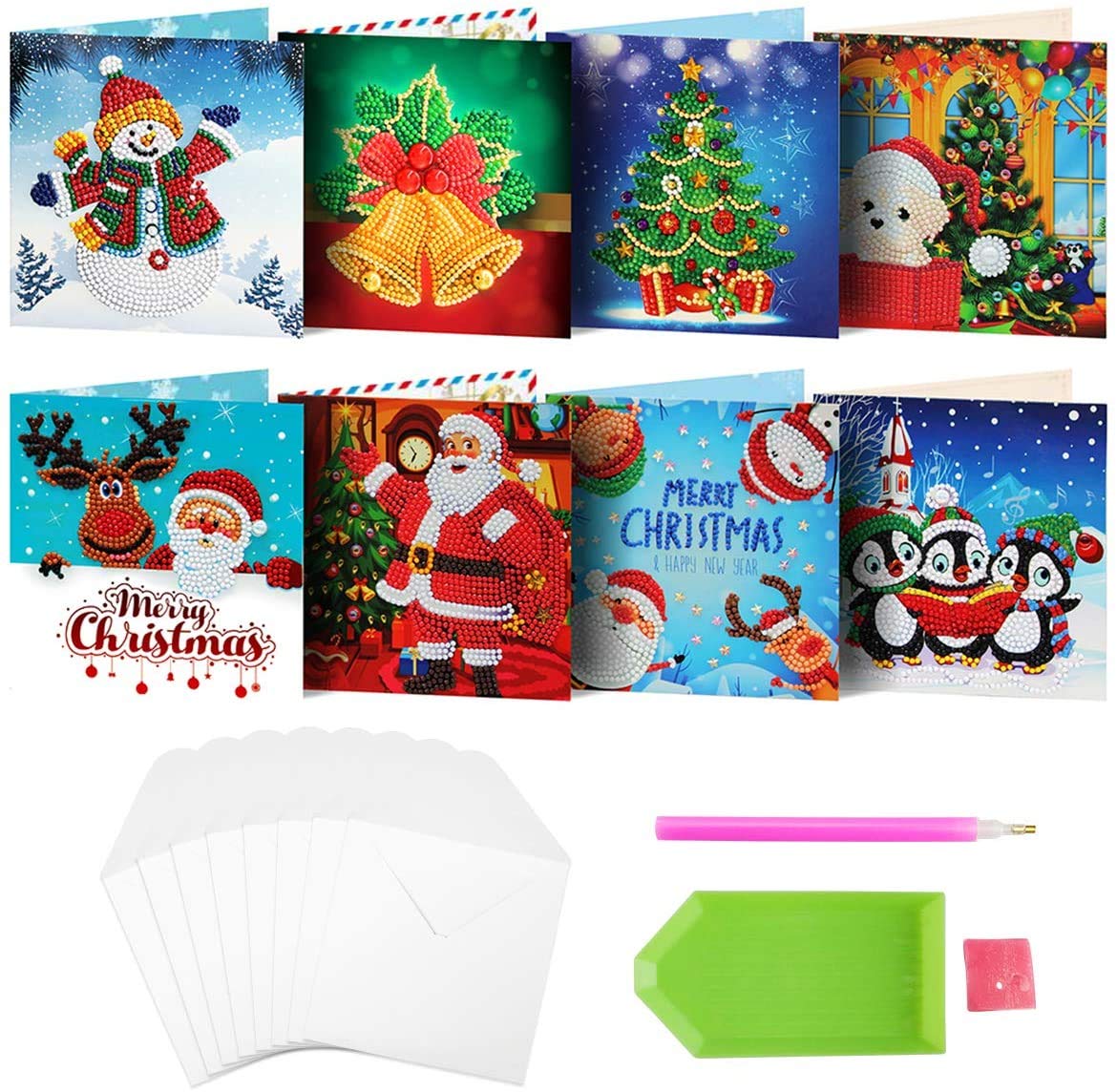 YOBEYI 8Packs Diamond Painting Christmas Cards by Numbers Christmas Tree Santa Claus New Year Greeting Card Christmas Stickers Christmas Gifts (Cards 06)