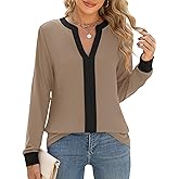 Micoson Blouses for Women Dressy Casual V Neck Business Casaul Tops Long Sleeve Shirts for Work Tops Soft Blouse Black and Khaki Blocks XL