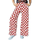 IWOLLENCE Women's Casual Loose Checkered Wide Leg Pants High Waist Straight Lounge Y2K Gingham Trousers