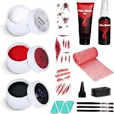 Duseu Water Based Halloween Face Painting Kit for Clown, Fake Blood Makeup | Zombie Makeup Kit with Brush, Bandage, Water Based Face Paint Palette (Red, Black, White) Tattoo Stickers, Sponge, Fake Blood