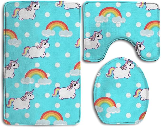 Arco iris y unicornio impreso 3 piezas Juego de baño alfombra de baño