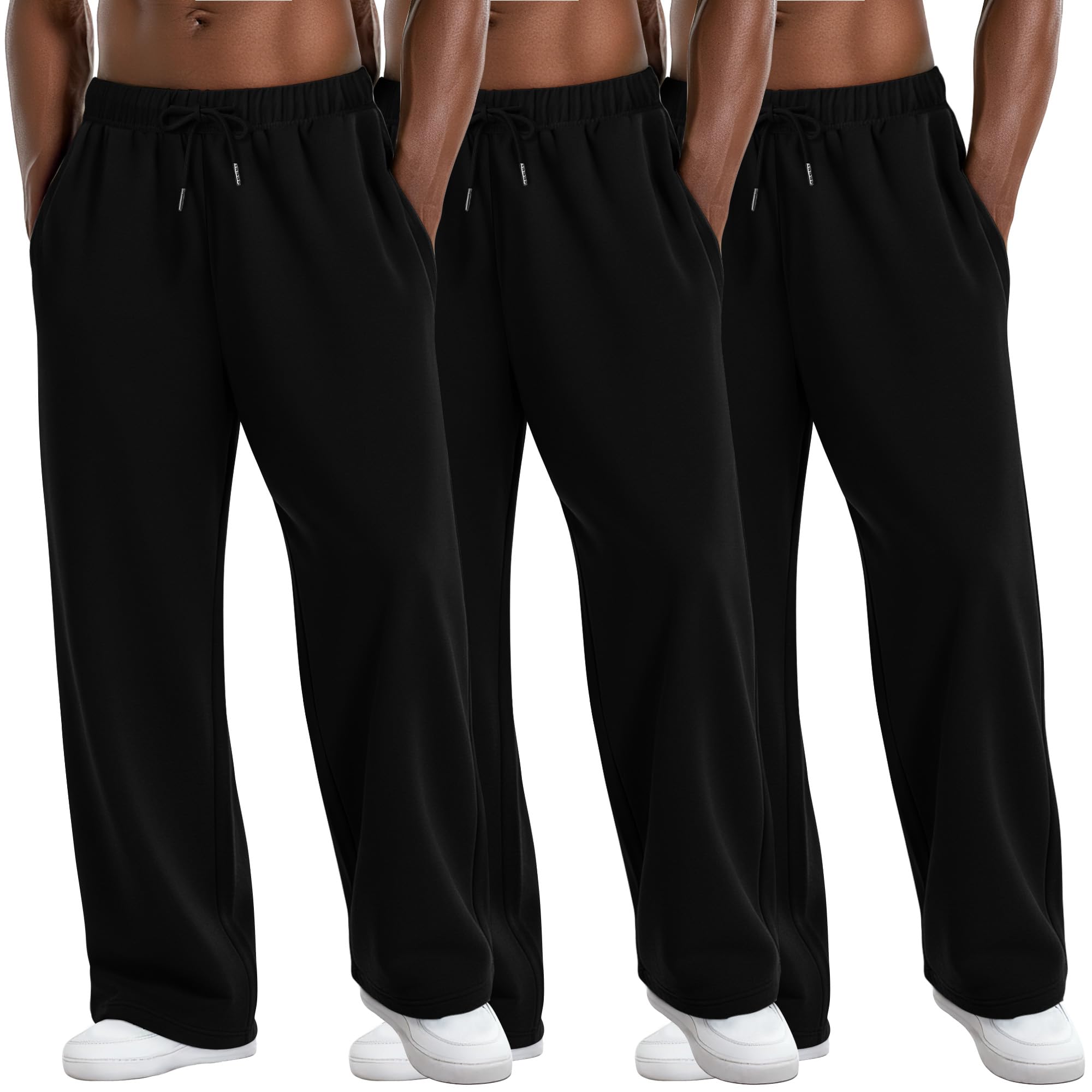 Photo 1 of August Alley 3 Pack Men's Straight Leg Sweatpants, Open Bottom Athletic Baggy Pants Lounge Drawstring Pants with 3 Pockets(Black, Black, Black,XX-Large)